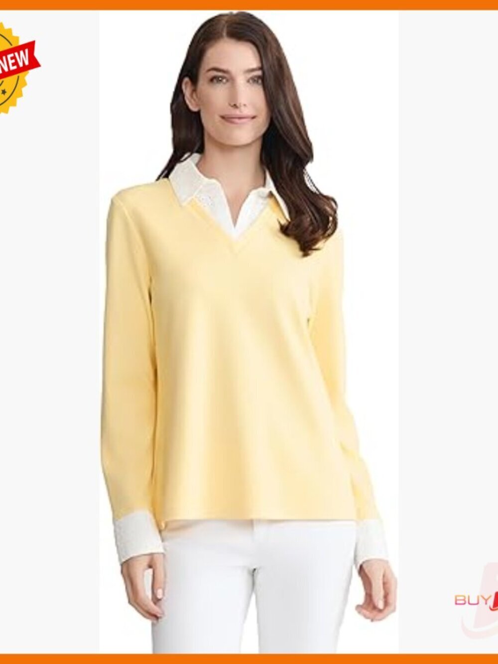 Long Sleeve V-Neck Top with Eyelet Trim, Lightweight Wrinkle-Resistant Fabric